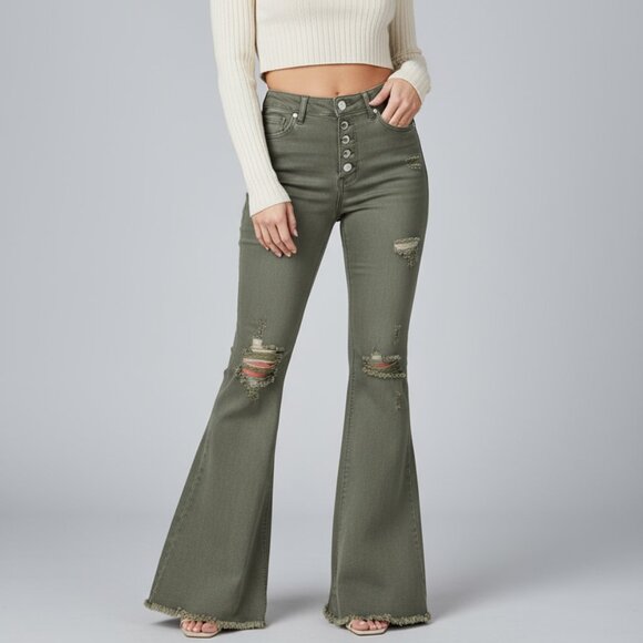 Forever 21 Denim - Forever 21 Women's Olive Green Flare Button Fly Mid Rise Stretch Jeans